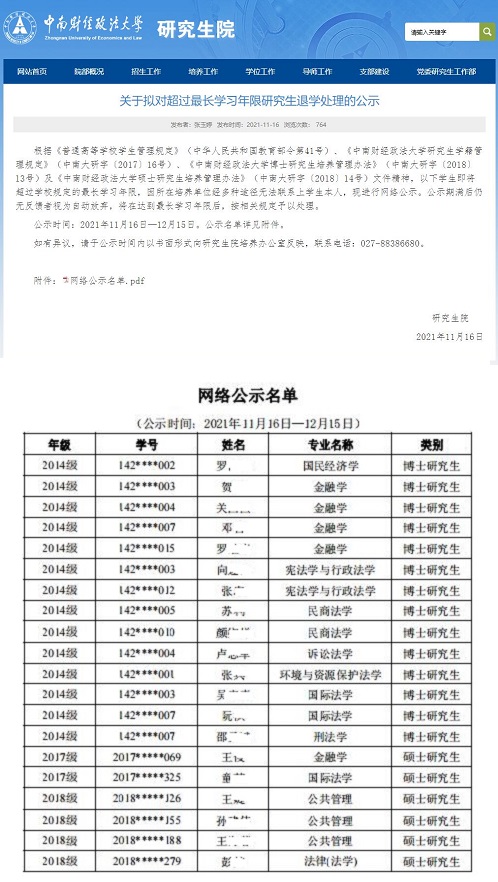 中南财经政法大学拟清退14名博士生